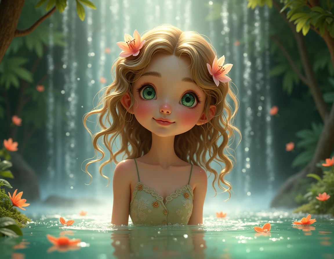 a cute brunette nymph with green eyes and curly light brown hair bathing happily in a waterfall