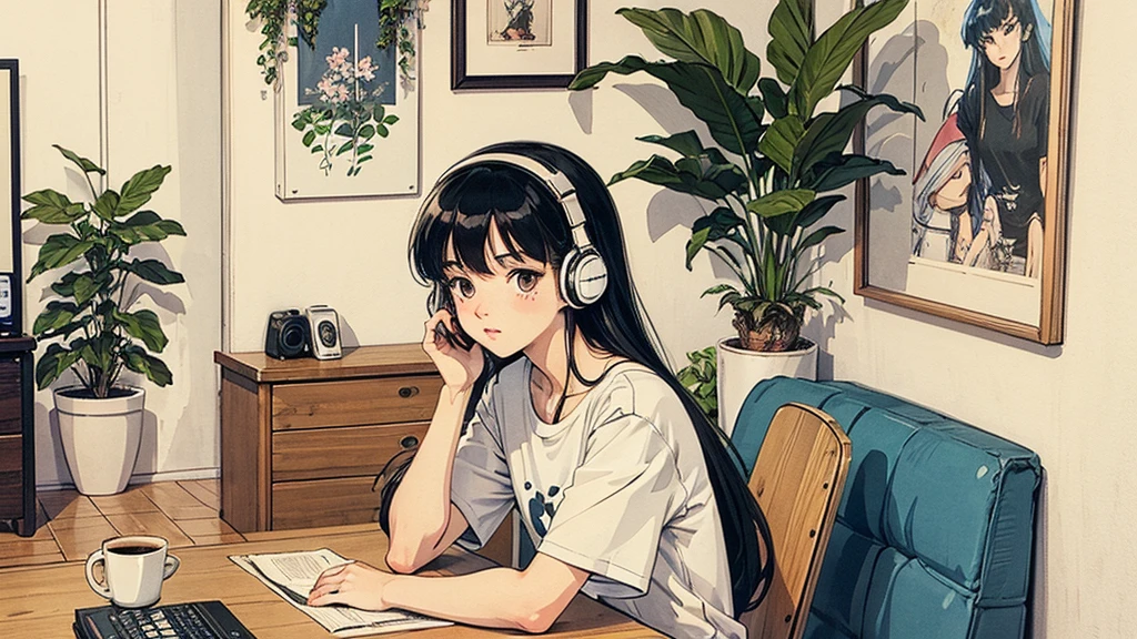 1 person, Blue Long Hair, 80s anime style, I have headphones on, coffee, Retro, Lo-Fi,In a room with white walls, The furniture is only decorated with plants.、Wearing a short-sleeved T-shirt, 