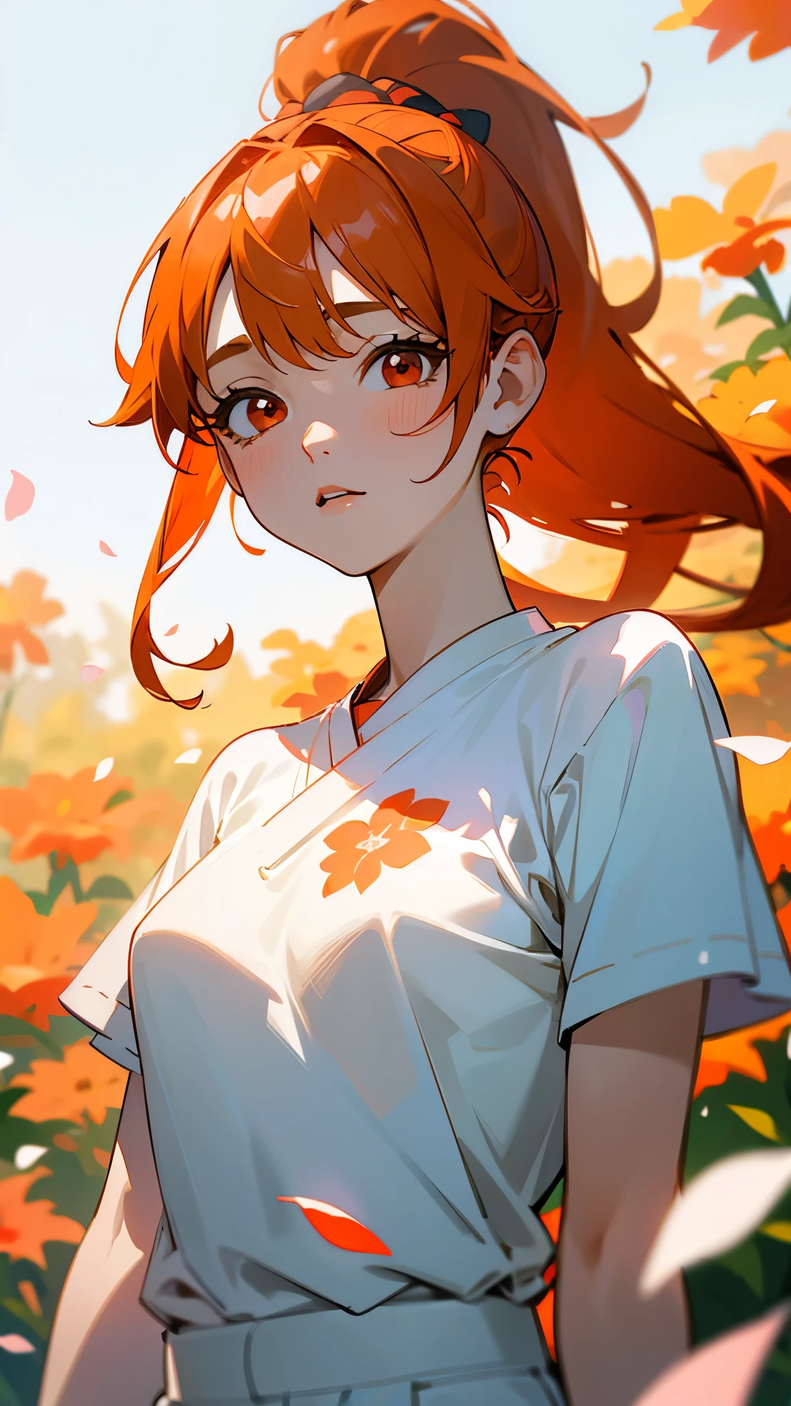 1 Girl、Orange Hair、ponytail、Beautiful red eyes、Ukiuki、White T-shirt with ethnic pattern、White shorts、1 beautiful and delicate portrait、The background scenery is a garden where petals are scattering.、Soft lighting、Upper body close-up