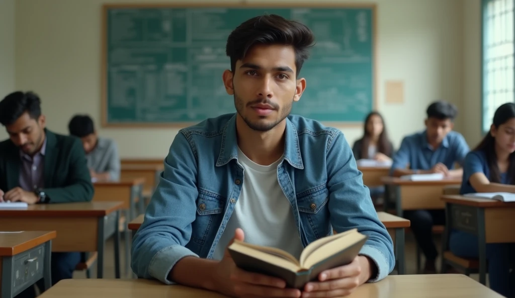 Create a YouTube channel named 'How to memorize quickly' in which a 17-22 year old boy is holding a book in his hand.
And this boy is sitting in the class room and thinking how to memorize quickly and the scene should be in Indian environment and the text should be written in Hindi 'How to memorize quickly' and this channel should be very professional. Be a real person in the thamnel hine chahiye