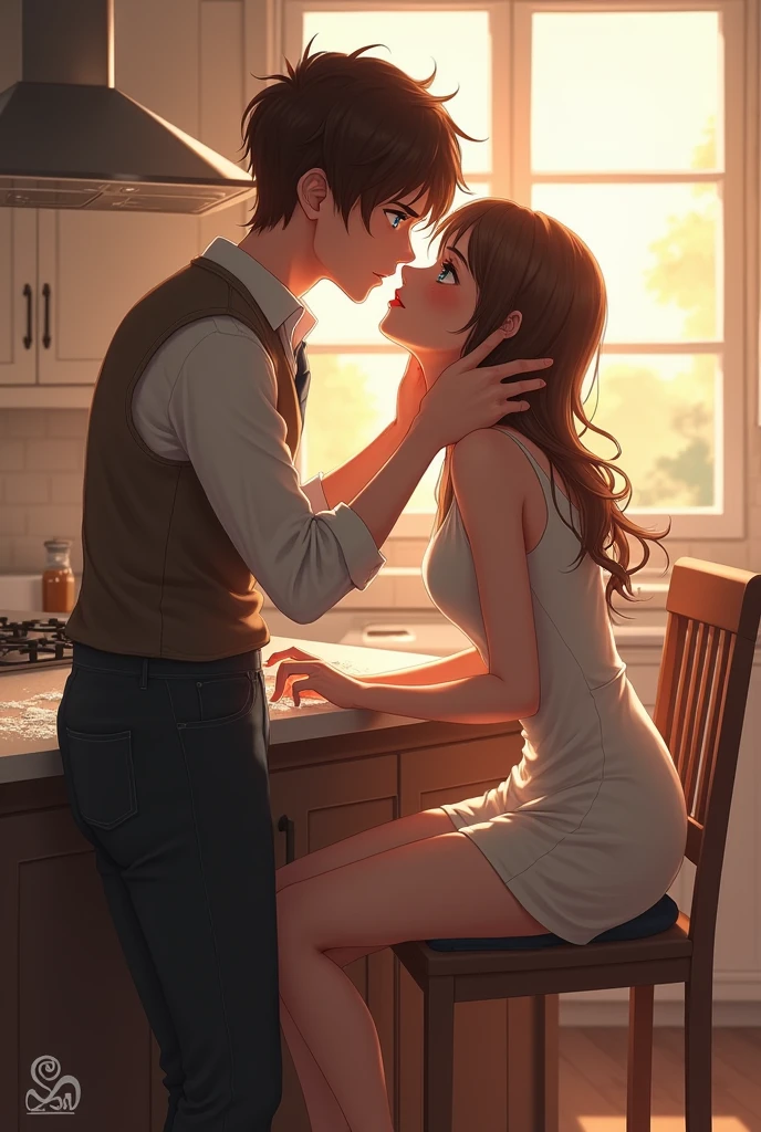 background an elegant kitchen with neutral colors, warm light. girl sitting on the kitchen bar with very light brown hair and brown eyes and red lips. with both hands beside the bar, guy with dark brown hair and blue eyes looking at the girl and standing in front of her, with one hand on her cheek and her lips inches from hers, on the floor a mixture of flour is scattered.