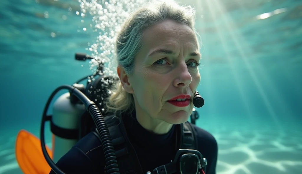 (work of art, ultra detali, cinematic, Underwater, style raw), 45-year-old diver, elegant and graceful, gray hair pulled back in an elegant bun, Wrinkles around the eyes and mouth, aligned with years of experience, diving equipment with tank and bright orange fins, bright red lips appeared with excitement, bubbles rising from her mouth, sun rays penetrating the water casting cinematic light, smooth and surreal, side lighting illuminating her curvaceous figure, ultra-high resolution revealing all intricate details, sustainable and eco-friendly diving gear, confident and determined in her element, shallow depth of field emphasizing