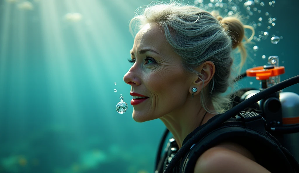 (work of art, ultra detali, cinematic, Underwater, style raw), 45-year-old diver, elegant and graceful, gray hair pulled back in an elegant bun, Wrinkles around the eyes and mouth, aligned with years of experience, diving equipment with tank and bright orange fins, bright red lips appeared with excitement, bubbles rising from her mouth, sun rays penetrating the water casting cinematic light, smooth and surreal, side lighting illuminating her curvaceous figure, ultra-high resolution revealing all intricate details, sustainable and eco-friendly diving gear, confident and determined in her element, shallow depth of field emphasizing