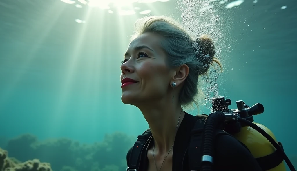 (work of art, ultra detali, cinematic, Underwater, style raw), 45-year-old diver, elegant and graceful, gray hair pulled back in an elegant bun, Wrinkles around the eyes and mouth, aligned with years of experience, diving equipment with tank and bright orange fins, bright red lips appeared with excitement, bubbles rising from her mouth, sun rays penetrating the water casting cinematic light, smooth and surreal, side lighting illuminating her curvaceous figure, ultra-high resolution revealing all intricate details, sustainable and eco-friendly diving gear, confident and determined in her element, shallow depth of field emphasizing