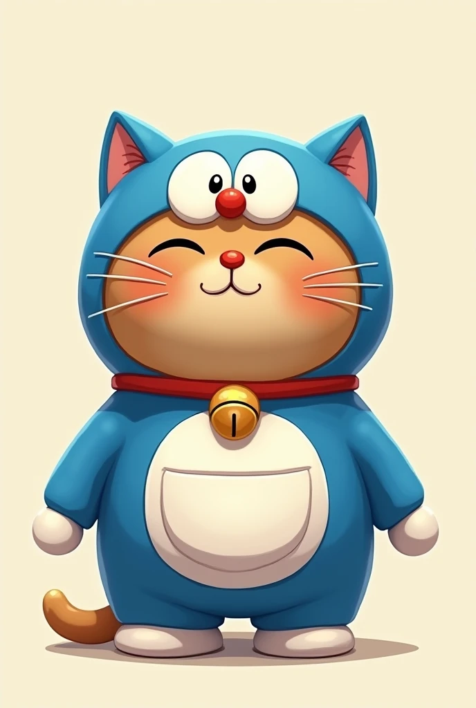 A plump brown cat with exotic short hair wearing a blue Doraemon costume.