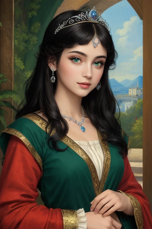 ((Best Quality)), ((masterpiece)), (detailed), 1 princess, green eyes, black hair,