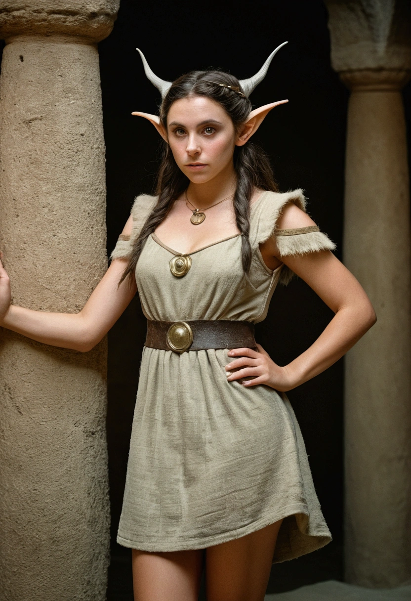 og film photo, photo of a young elf girl, elf, elf ears, long pointy ears, dark shaggy hair, tan complexion, full hourglass figure, voluptuous, plump round buttaring a linen mini-dress, posing in an ancient Roman Villa, resembles Alison Brie, RAW Photograph, dslr, soft lighting, high quality, film grain, Fujifilm XT3, detailed skin with visible pores, insane detaisterpiece, 8k, 35mm photograph, dslr, kodachrome, faded film, desaturated, grainy, vintage, Lomography, stained, highly detailed, found footage, close-up shot, elven ears
