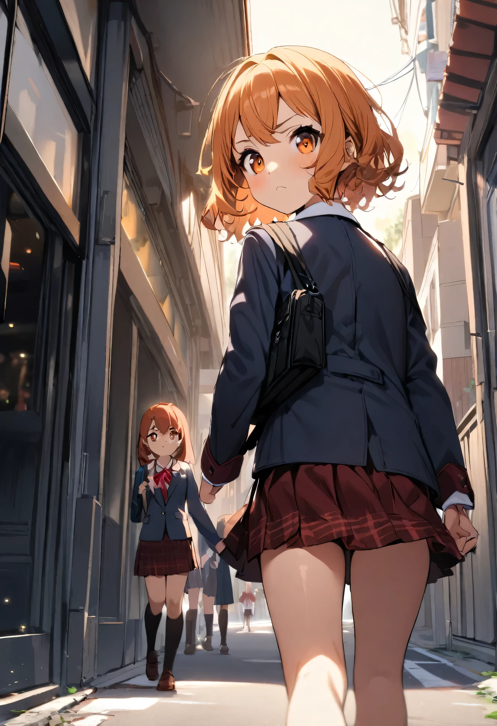 (((1girl))), (()), ((petite)), ((teenage)), ung girl)), ((young age)), (()), (curl outward hair), (Amber orange hair), short hair, orange eyes, frown, school uniform, street for students going to and from school, looking back, walking, masterpiece, best quality