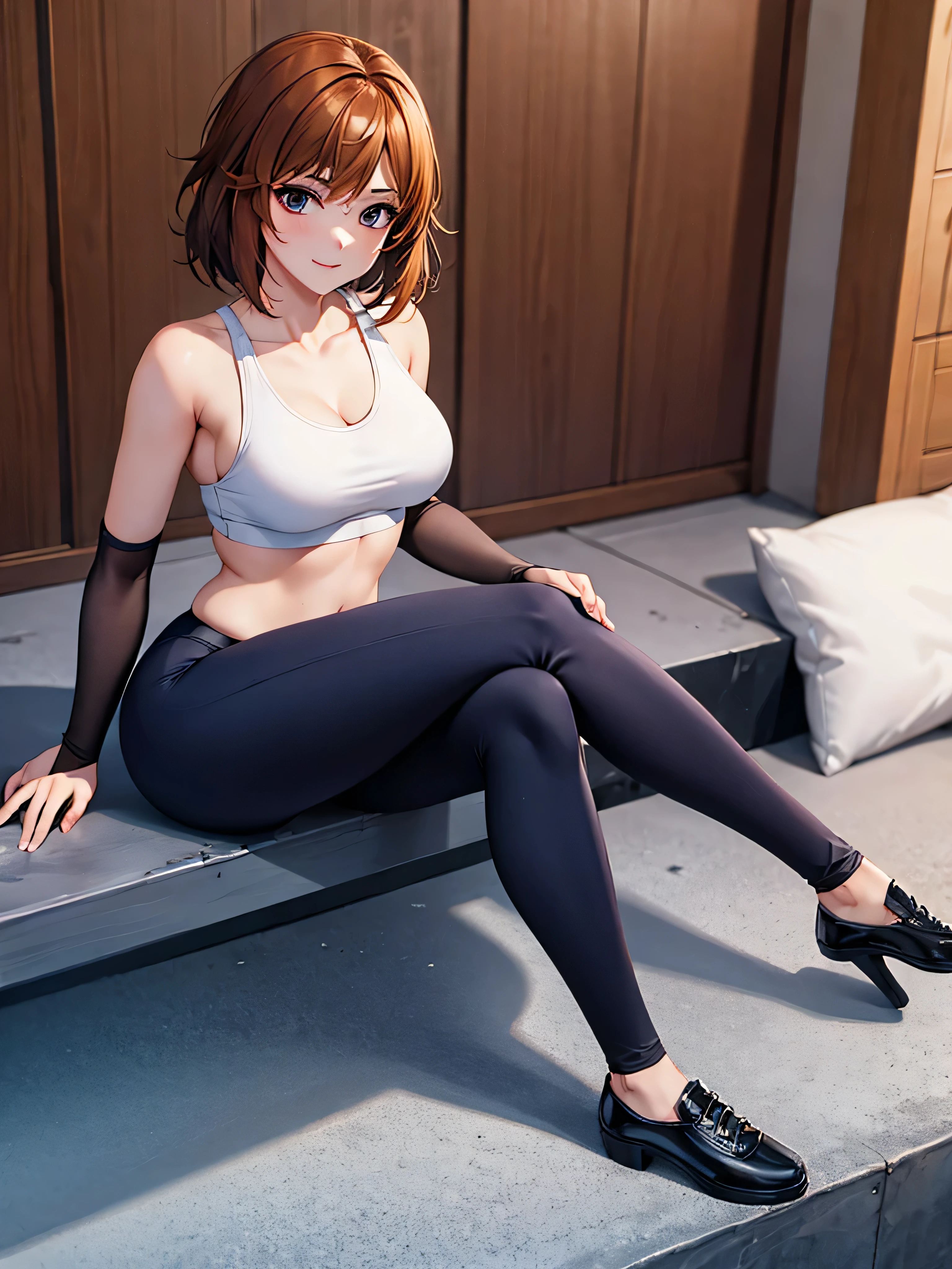 merula, pose sexy, High heels, Sexy sports bra, blue adidas yoga pants, Whole body, thighs, sitting pose, solo girl