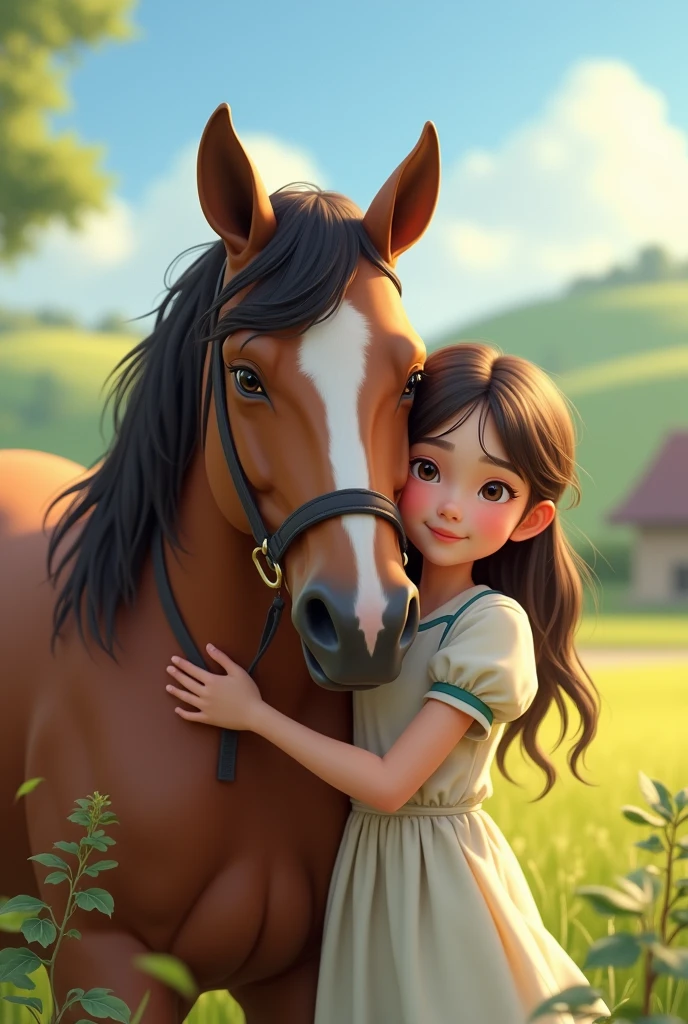 Draw a girl hugging a horse