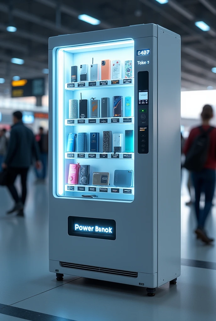 power bank vending machines, touch and go screen, open door to pick up power bank, no merely hi-tech