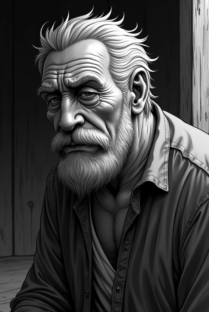 man old, stark, with big mustache, drawning, black andwhite, アニメ