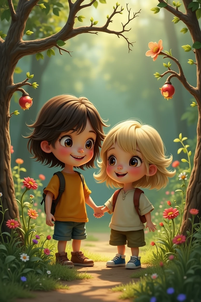with medium brown hair and with straight blonde hair and short (child) talking to a talking tree in the garden