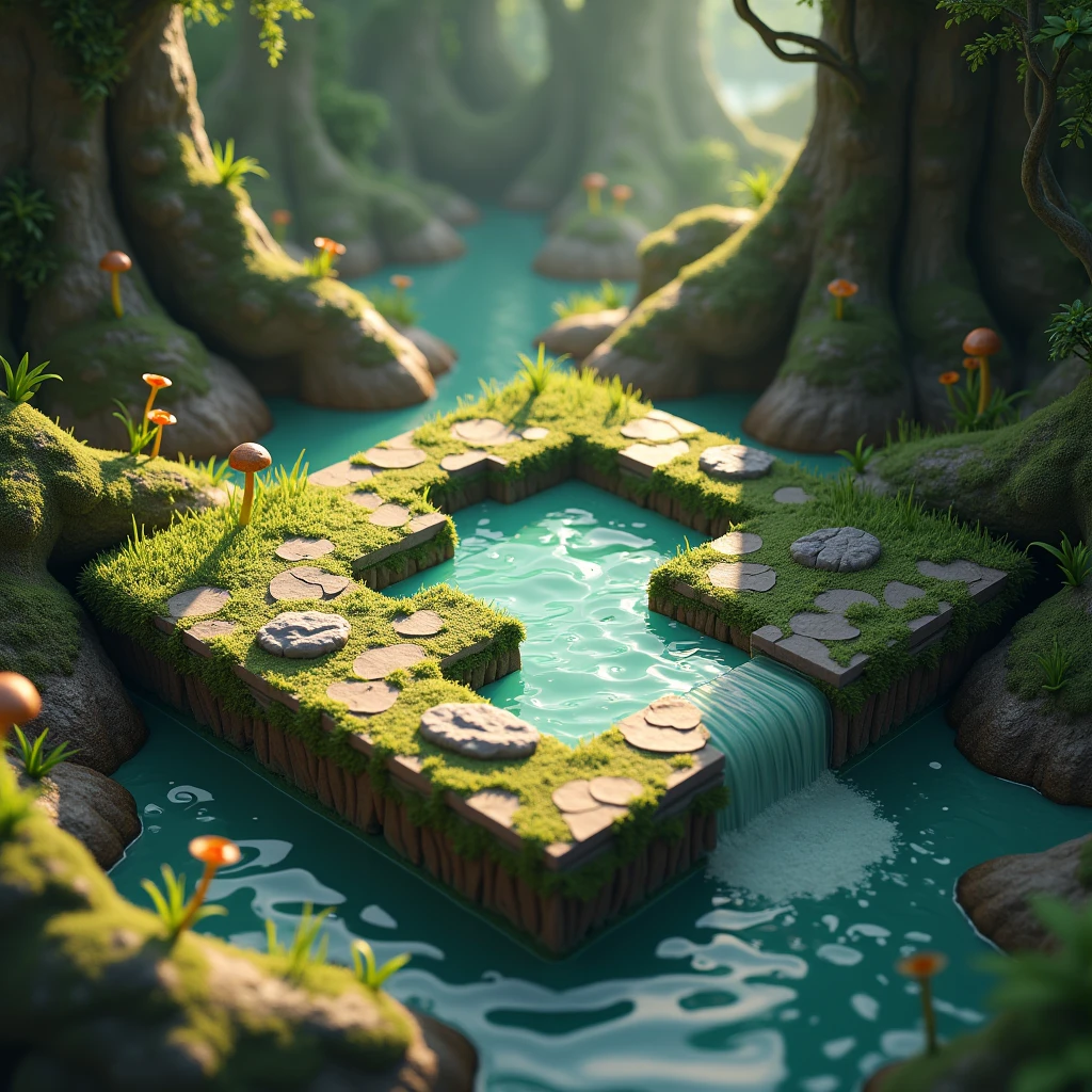 3D Model Games, Tribal style, Square land model with small flowing rocks, Old, moss-covered logs in the ancient forest, mushroom, Flower and grass growth.