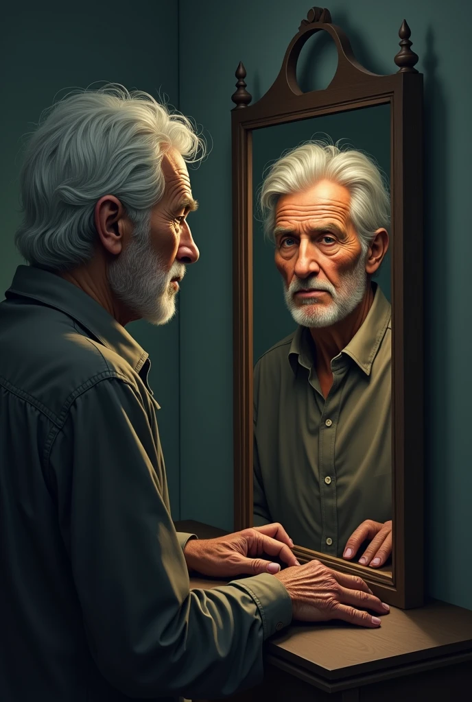 Elderly man sees himself reflected in the mirror, his younger version