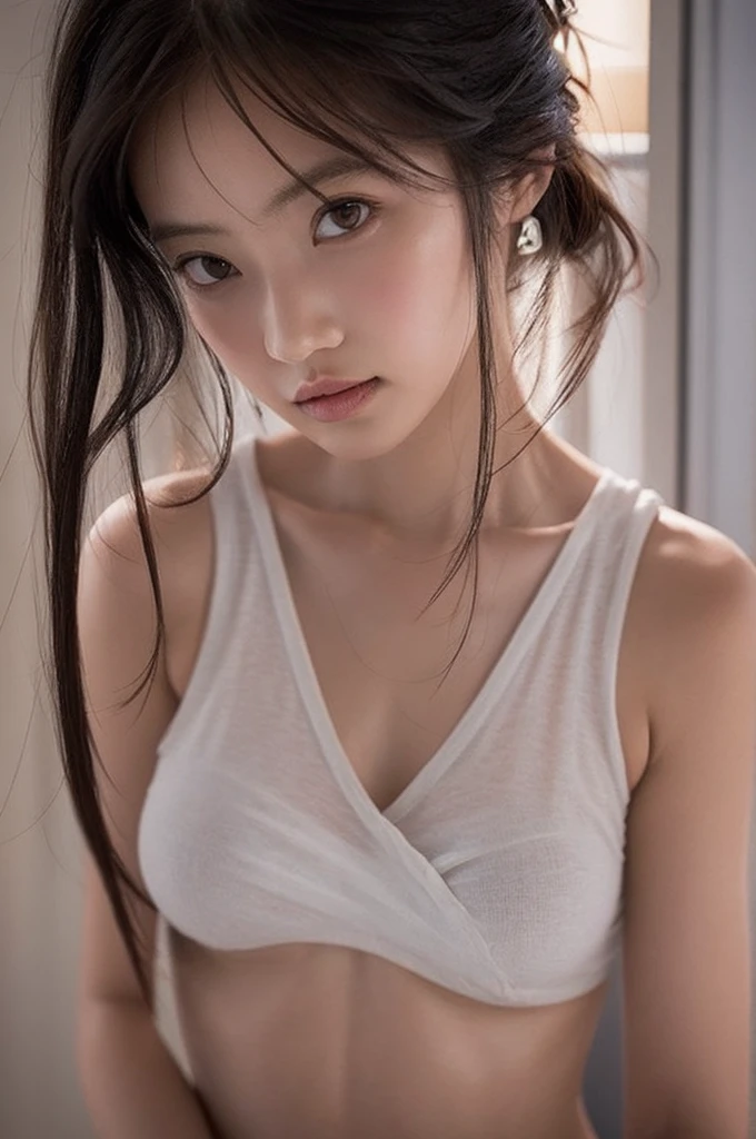 Highest quality, masterpiece, Ultra-high resolution, (Realistic:1.4), RAW Photos, One person, Black Hair, Glowing Skin, Wet body, Dramatic lighting,(Flat Chest 1.6), gravure