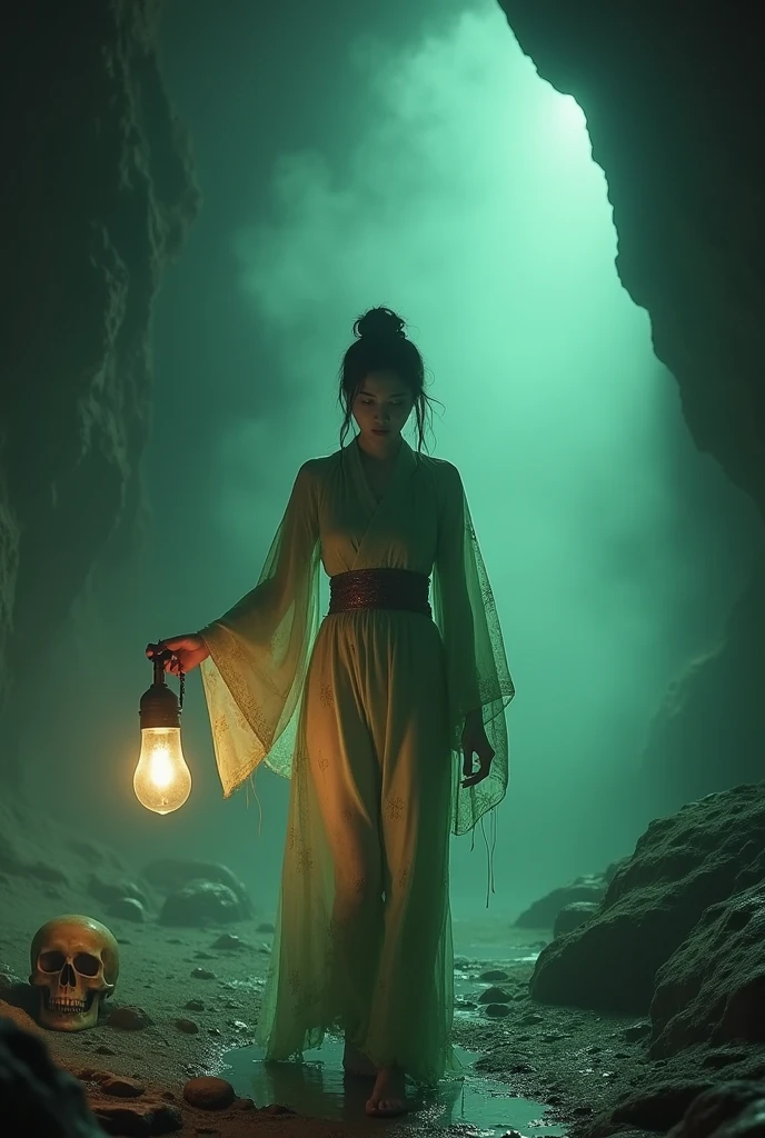 (RAW photo, realistic photo, high quality, masterpiece), Japanese beautiful woman is holding a torch and walking in the cave, in Mysterious Fog, dangerous, skull on the ground, green corrosive fluids on ground and body, dress is partly corroded, green corrosive fluid drop on her dress, she is scared and run