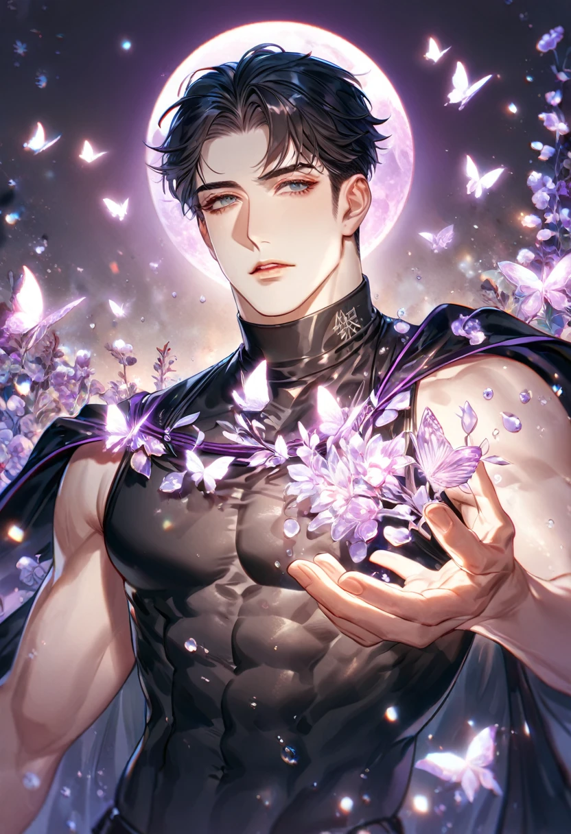 absurdres, highres, ultra detailed, HDR) master piece, best quality, extremely detailed, delicated features, Jaehwan, black hair, expressive gray eyes, The World After The Fall, solo, sexy man, handsome, sensual, black cape, black tight turtleneck shirt, sleeveless, toned, fantasy, magical, glittering, shining, purple flames, purple moon, purple flowers, purple butterflies