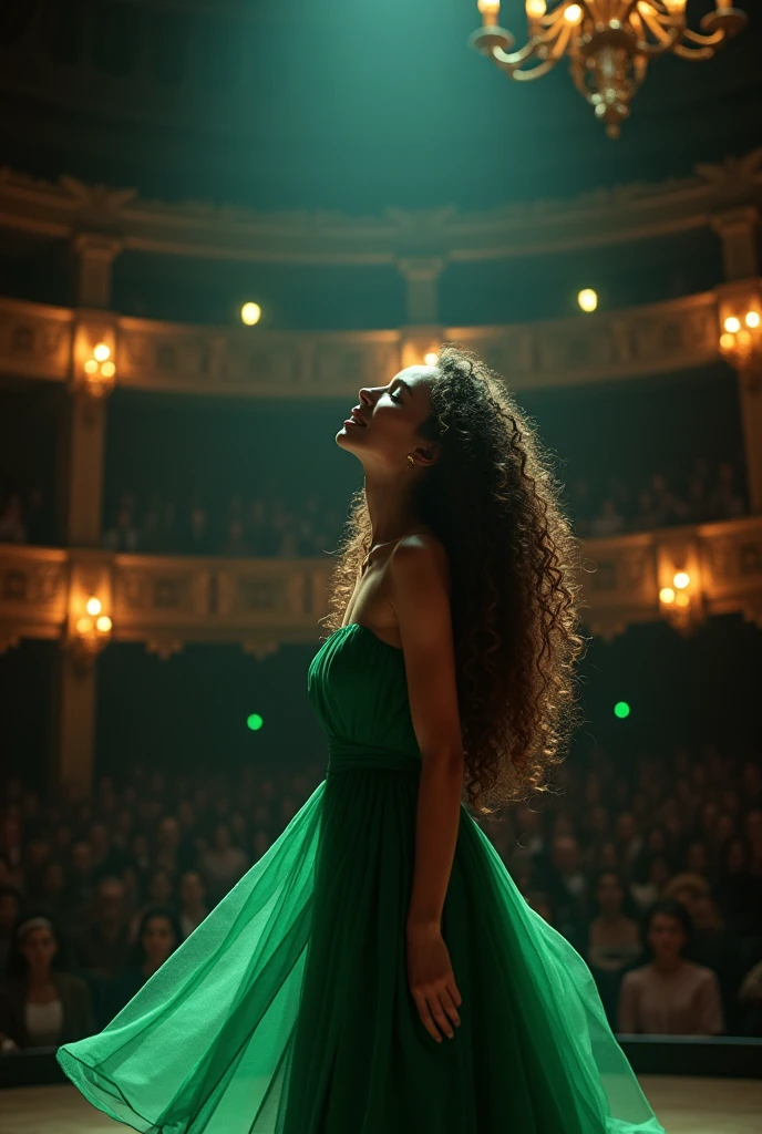 A woman between 20 and 25 years old with long curly hair wearing a green dress singing on a theater stage looking up 