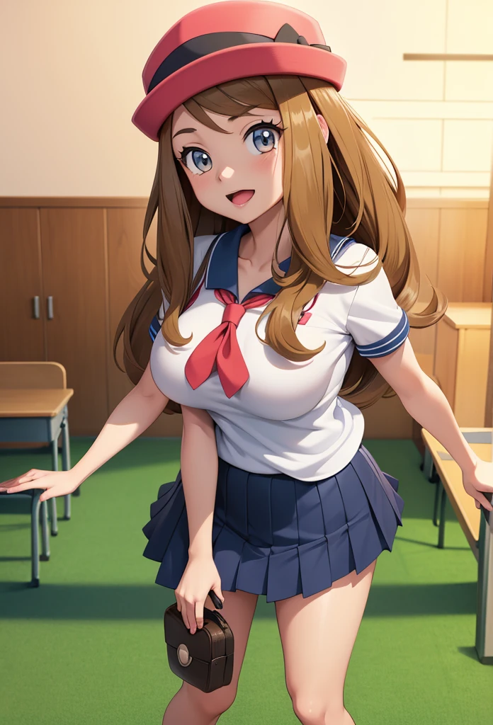 Masterpiece,Solo,1Girl,Serena,(Pokemon),Big Breasts,Perfect Body,Sexy Body Hot,Ultra High Quality,Ultra High Resolution,Photograph 16K,Ultra Detailed,Long Hair,Brown Hair,Beautiful,Beautiful Girl,Classroom Background,Theme School Girl,School Girl Short Sleeve Japanese,Short Skirt,All Style,Wearing A Hat
