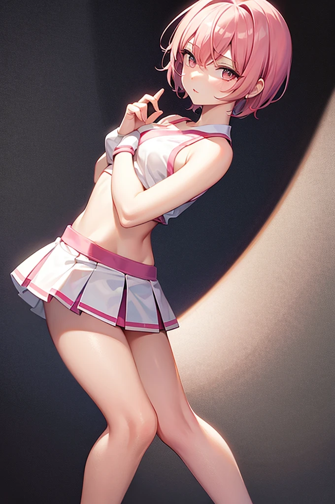 masterpiece, best quality,anime style, 1 girl,(((slender body))), (((small eyes,small breast))),(((cheerleader uniform))), (beautiful face), (((short hair))), (((straight hair))), ((((pink hair)))),detailed beautiful skin, (perfect hands, perfect anatomy),scream