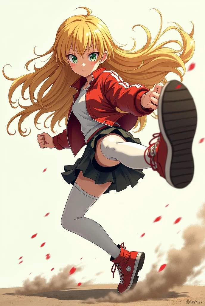 Young girl Dragon Ball anime style with long blonde hair, modern clothes, jacket and skirt, White pantyhose fighting using a kick