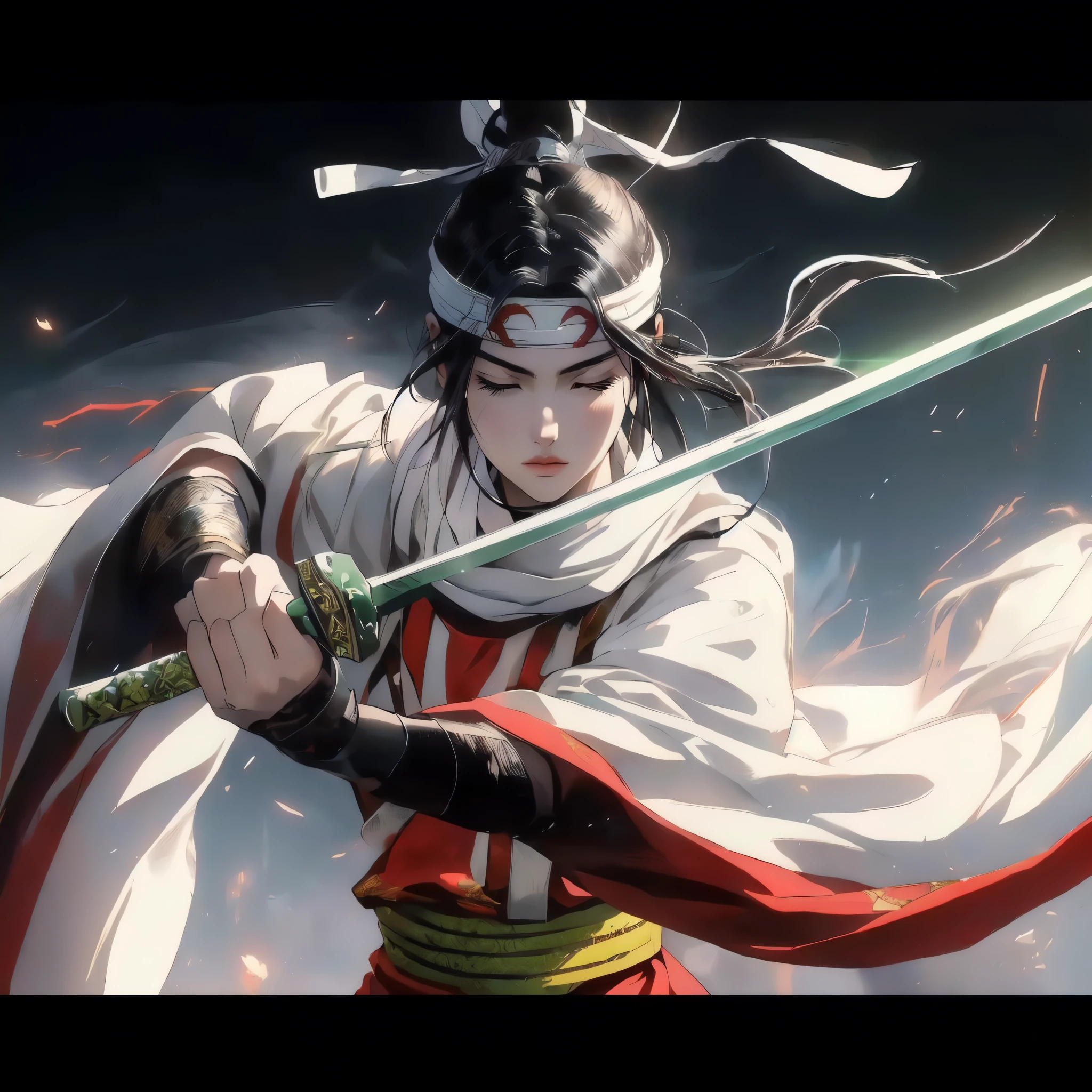 Masterpiece. Highest quality. Dynamic portrait of young Japanese warrior woman, three-quarter view facing right. Closed eyes, furrowed brows. Long black hair in high ponytail, loose strands framing face. White headband with green gem. Pale skin, pink cheeks and lips. White kosode, red hakama, green-yellow obi, dark arm wraps. Gripping katana diagonally, ornate green and gold hilt. Motion-filled pose, flowing clothing and hair. Dark, abstract background with no distinct objects or scenery. Hints of orange-red suggesting embers or energy, floating sparks. Dramatic lighting from upper left, creating rim light effect. Style blends traditional Japanese art with modern fantasy, emphasizing clean lines, movement, and power.