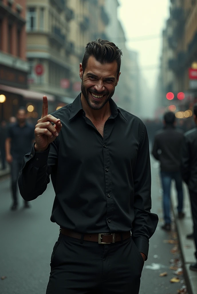Ek creepy handsome man jisne black shirt and pent pehni h sadak kinare jha aas paas log aa jaa rhe h creepy handsome boy haste huye finger dikha rha h or laughing kr rha h