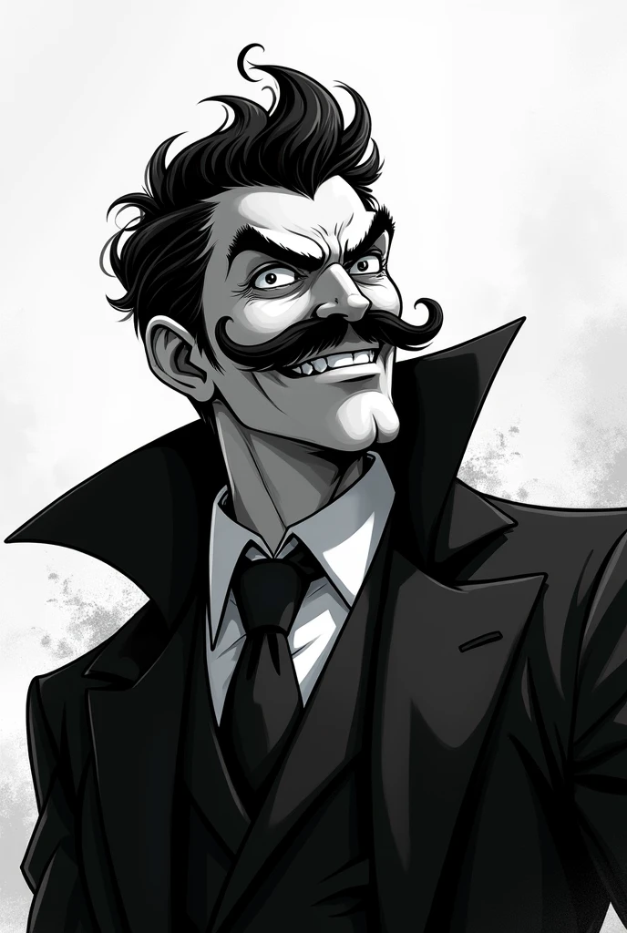 naughty man , stark, with big mustache, drawning, black andwhite, アニメ