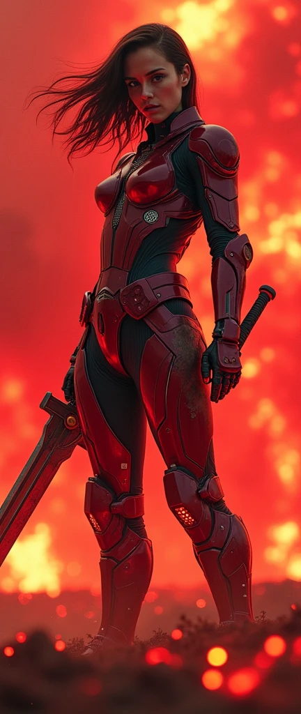 (Facing viewer), (masterpiece:1.2, Highest quality,High resolution,Super detailed),8k,wallpaper,(Very detailed),(Armored Core Style),Woman (Gal Gadot, Emma Watson) in bodysuit robot armor,Black Hair,Random Hairstyles,(Flame Ninja),(Red body),(Detailed face:1.3),(Detailed body:1.3),(Cowboy Shot:1.6),(The background is a red battlefield with a translucent dragon made of summoned flames.:2.0),Hair blowing in the wind,cyber punk,(dynamic),(Preparing for battle,Wield a giant sword with both hands:1.2,The electronic parts of the armor glow.:1.6),(Detailed hands:1.6),(Flashy special move effects:2.0)