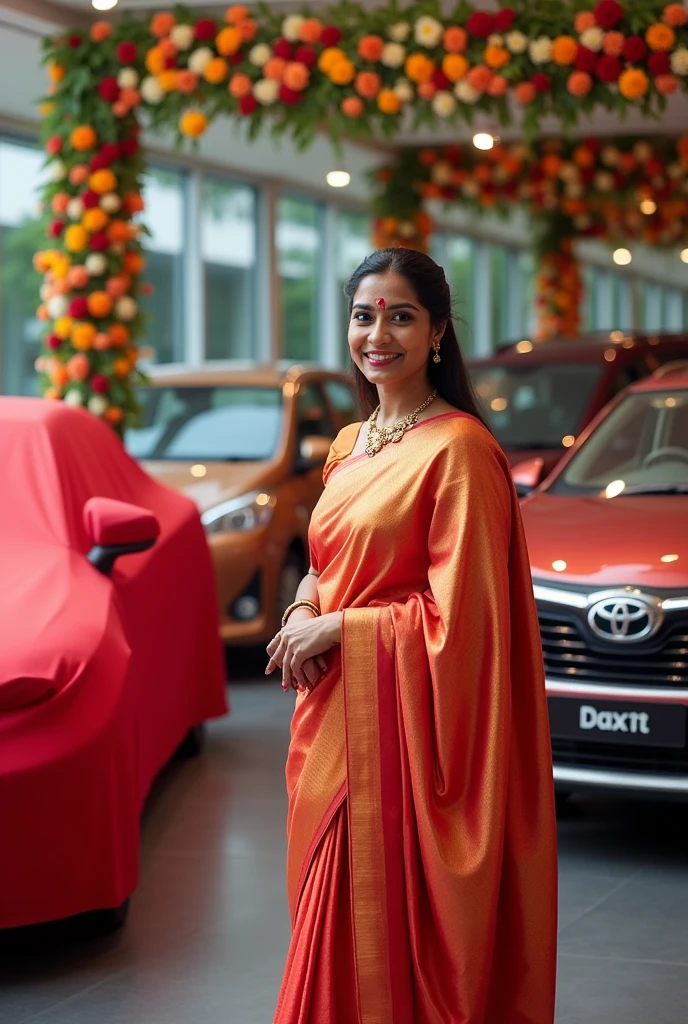 Make a photo of a lady in Kerala saree welcoming people to kairali toyota showroom for a grand new car key handovering ceremony of toyota vehicles with half covered in red satin cover decorated the premises with flowers