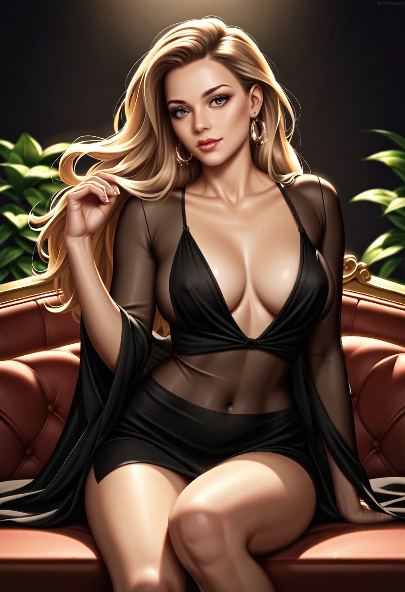 masterpiece, highest quality, Realistic, Very detailed, Finer details, High resolution, 8k wallpaper, One beautiful woman, Wear an elegant see-through black blouse, In a great restaurant, At night, Light brown messy hair, Perfect dynamic composition, Beautiful and beautiful eyes、Big earrings, Sitting in a chair, Randam body orientation,