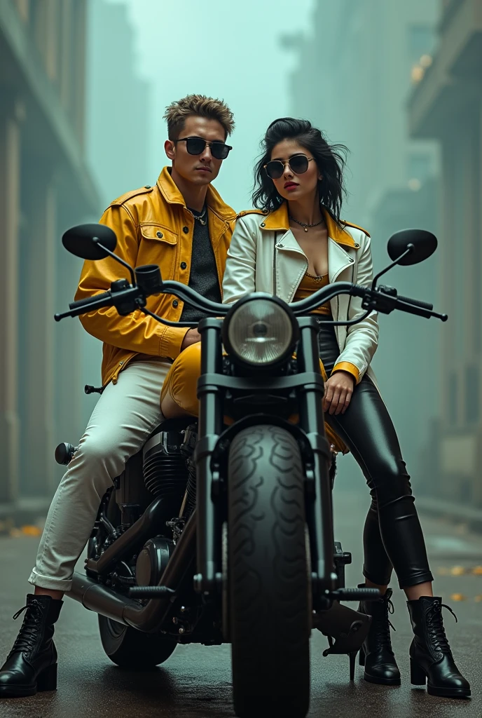 Punky couple wearing jacket combination of gold and white outfit and sunglasses on it.and sit on the big motor and the background fogy and dim light 3rd style on it 