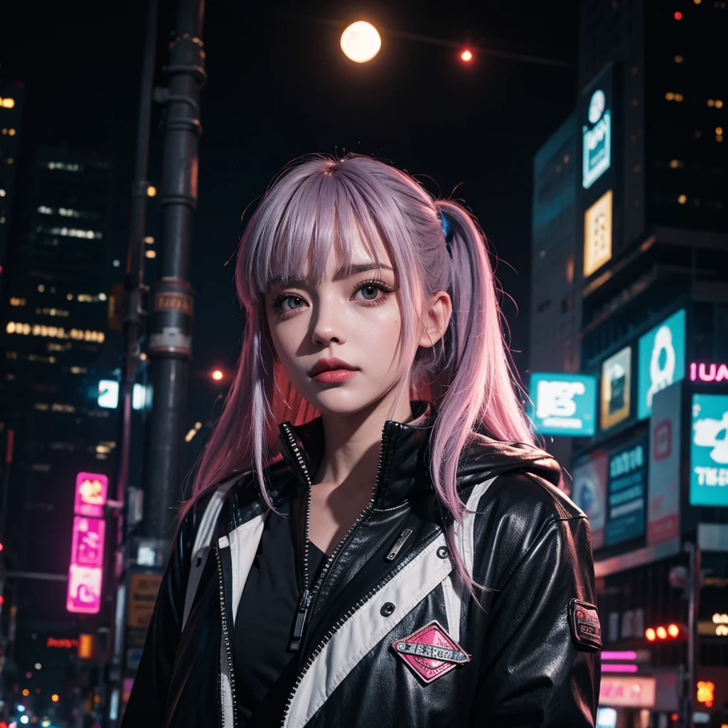 lucy \(cyberpunk\), 1girl, hair scrunchie, hime cut, silver hair, colored tips, full moon, grey eyes, jacket, long sleeves, looking at viewer, medium hair, multicolored hair, parted bangs, parted lips, pink hair, portrait, red eyeliner, red lips, solo, white jacket, cyberpunk \(series\), rainy night in a cyberpunk city with glowing neon lights. 8K HDR, High Resolution.