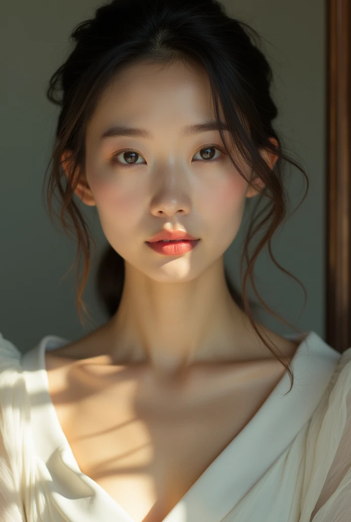 An elegantly dressed Japanese woman in natural light、A close-up of her chest and calm expression.、It shows her inner peace and outer charm.。
Cleavage