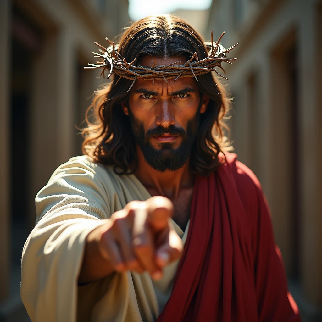 "Hyper-realistic depiction of Jesus wearing a crown of thorns on His head, centrally positioned on the screen. He is pointing a finger forward while looking straight ahead with an intense gaze. Jesus is dressed in light-colored garments with no red fabric. The scene is well-lit, with Jesus standing in an outdoor environment as the background."
