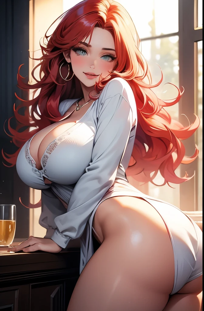 blush, smileglowing aura, natural light, masterpiece, glossy skin, juicy lips , ,sexy, hot, evil,juicy lips hour glass, , juicy lips, , slender body, small , huge ass, red hair, green eyes, massive accentuated super huge enormously gigantic breasts, deep cleavage, hoop earrings, white cardigan, plaid skirt, wavy hair