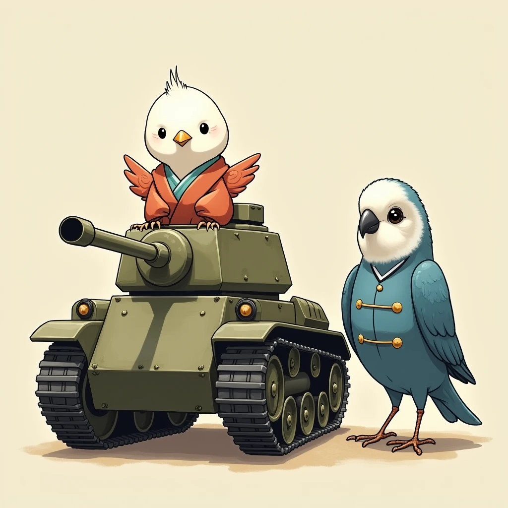 A small white bird wearing a Japanese kimono and riding a caterpillar tank, and a blue-winged, white-headed, round-eyed budgerigar wearing a military uniform.