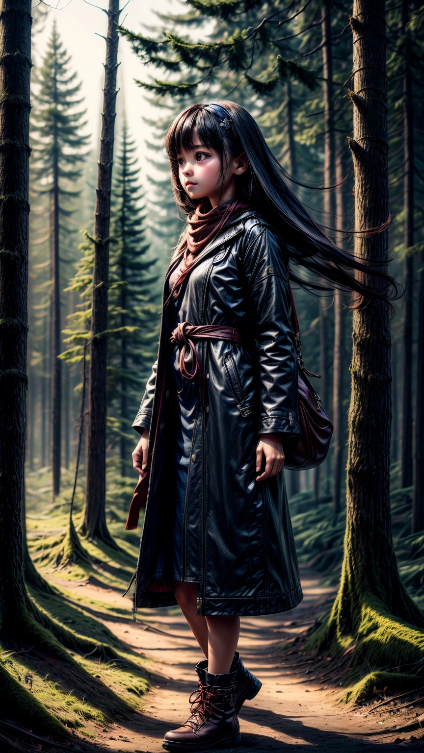 A mysterious fog hangs in the air, enveloping the forest、A young girl, lost and anxious, wanders the path.
