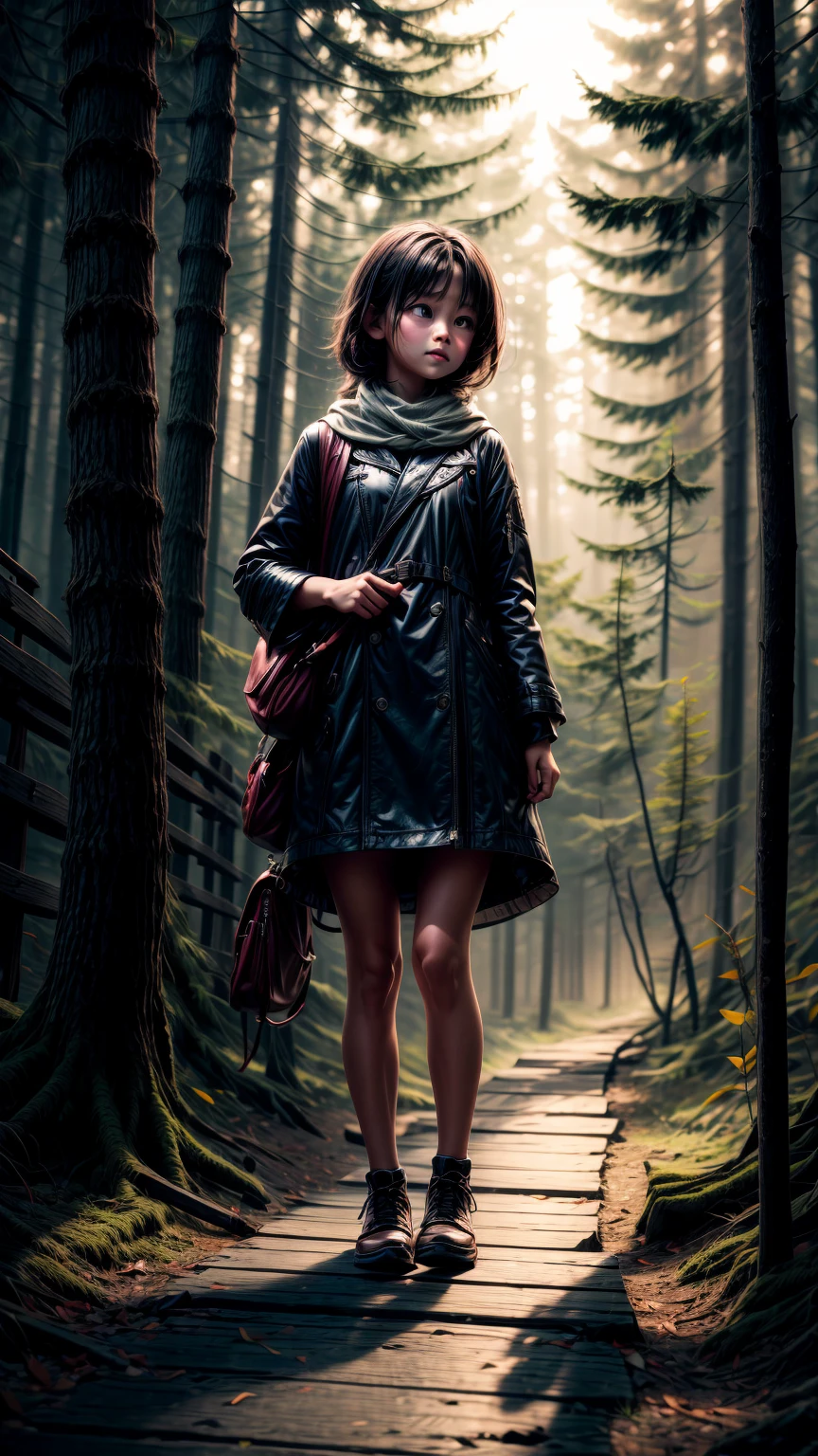 A mysterious fog hangs in the air, enveloping the forest、A young girl, lost and anxious, wanders the path.