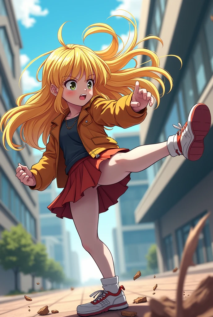 Young girl Dragon Ball anime style with long blonde hair, modern clothes, jacket and skirt, White pantyhose fighting using a kick
