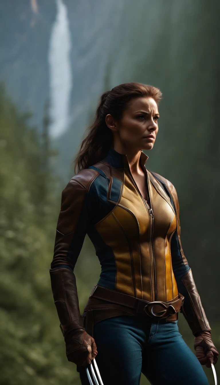 Best Quality, Masterpiece, Ultra High Resolution, (Realism: 1.4), Original Photo, 1Girl, Female Wolverine, Cinematic Lighting,Female Wolverine,8K, Ultra realistic, Detailed Clothes, Detailed