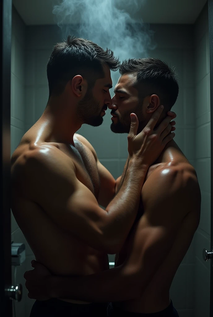 (A 38-year-old man is seen hugging a naked 46-year-old man))、((Men))、Asian、(((A dark and suspicious hotel bathroom at night)))、((Orgasm facial expression))、shorth hair、(short cut)、a little muscular、((wet in the shower))、((masculine))、 Detailed facial expressions、(Masterpiece artwork), high qualiy, excellent anatomy、、Dark overall atmosphere
