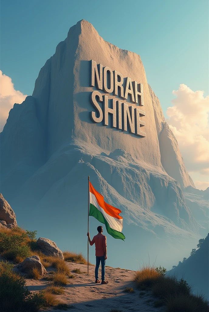 "Create a 3D illusion scene celebrating 15 August, India's Independence Day. A large text saying 'NORAH SHINE' is carved into the top of a majestic mountain. In the foreground, a 30-year-old man stands proudly, holding the Indian national flag. The man is positioned at the base of the mountain, looking up at the 'NORAH SHINE' inscription, with the flag waving in the wind. The backdrop features a clear sky, symbolizing the pride and freedom of the occasion."