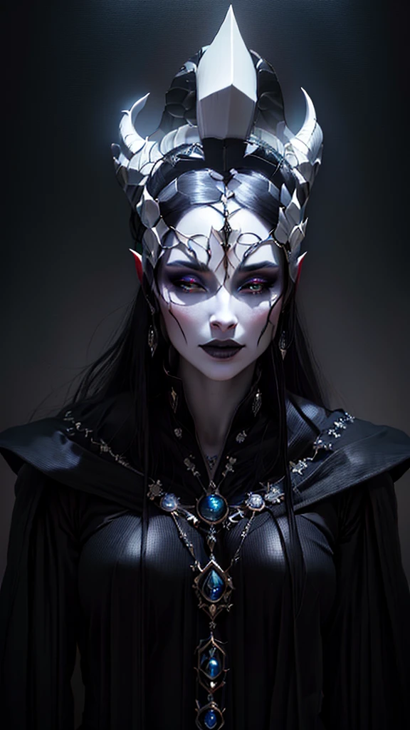 Arafed woman in a black dress with a white face and horns, frame from a fantasy movie, Beautiful and elegant demon queen, Tom Bagshaw Weta Workshop, beautiful dark elf countess, dressed as an oracle, elfic priestess, evil sorceress, priestess, Dark Elf Princess, Cate Blanchett as a medieval queen., /!\ the sorceress