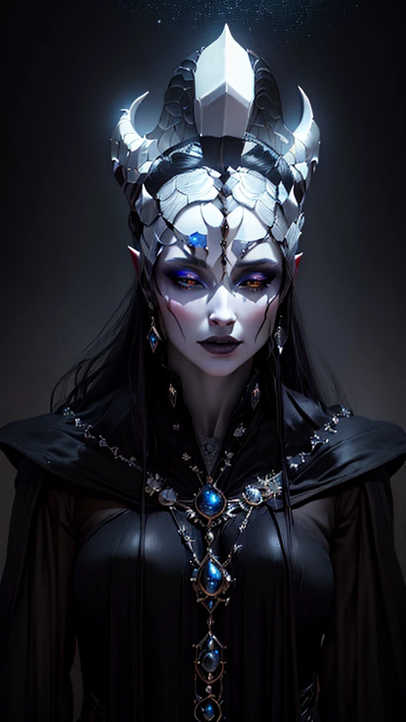 Arafed woman in a black dress with a white face and horns, frame from a fantasy movie, Beautiful and elegant demon queen, Tom Bagshaw Weta Workshop, beautiful dark elf countess, dressed as an oracle, elfic priestess, evil sorceress, priestess, Dark Elf Princess, Cate Blanchett as a medieval queen., /!\ the sorceress