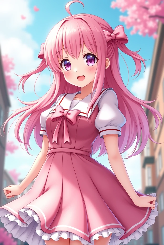 female、Pink and white school uniform、Pink vertical rolls、Drooping eyes、Double teeth、恋の魔法少female程度の能力、ribbon