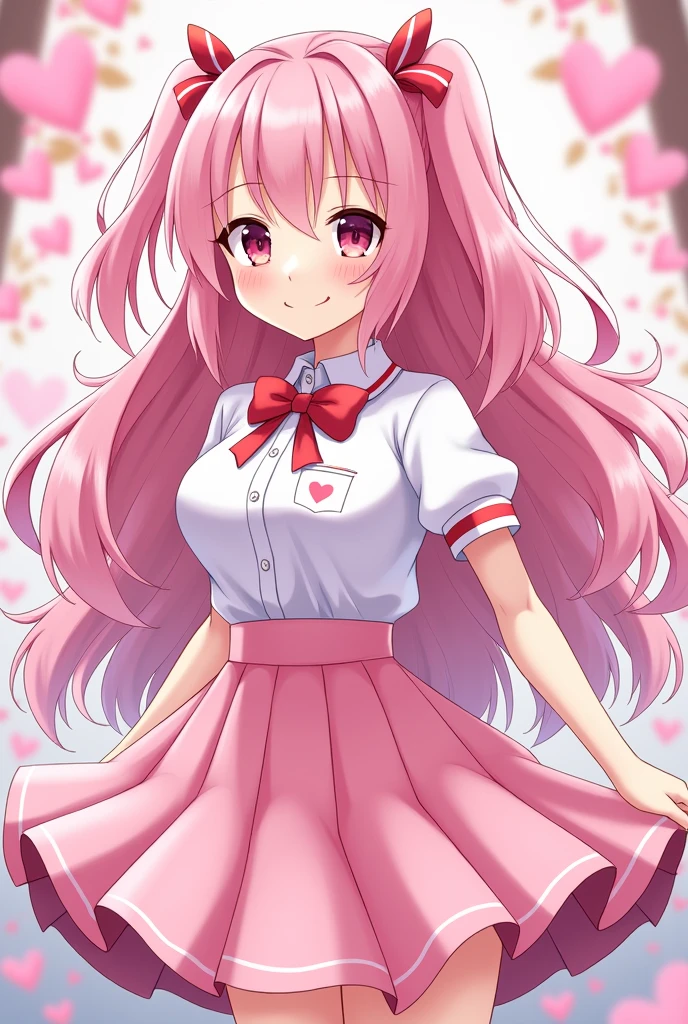 female、Pink and white school uniform、Pink vertical rolls、Drooping eyes、Double teeth、恋の魔法少female程度の能力、ribbon