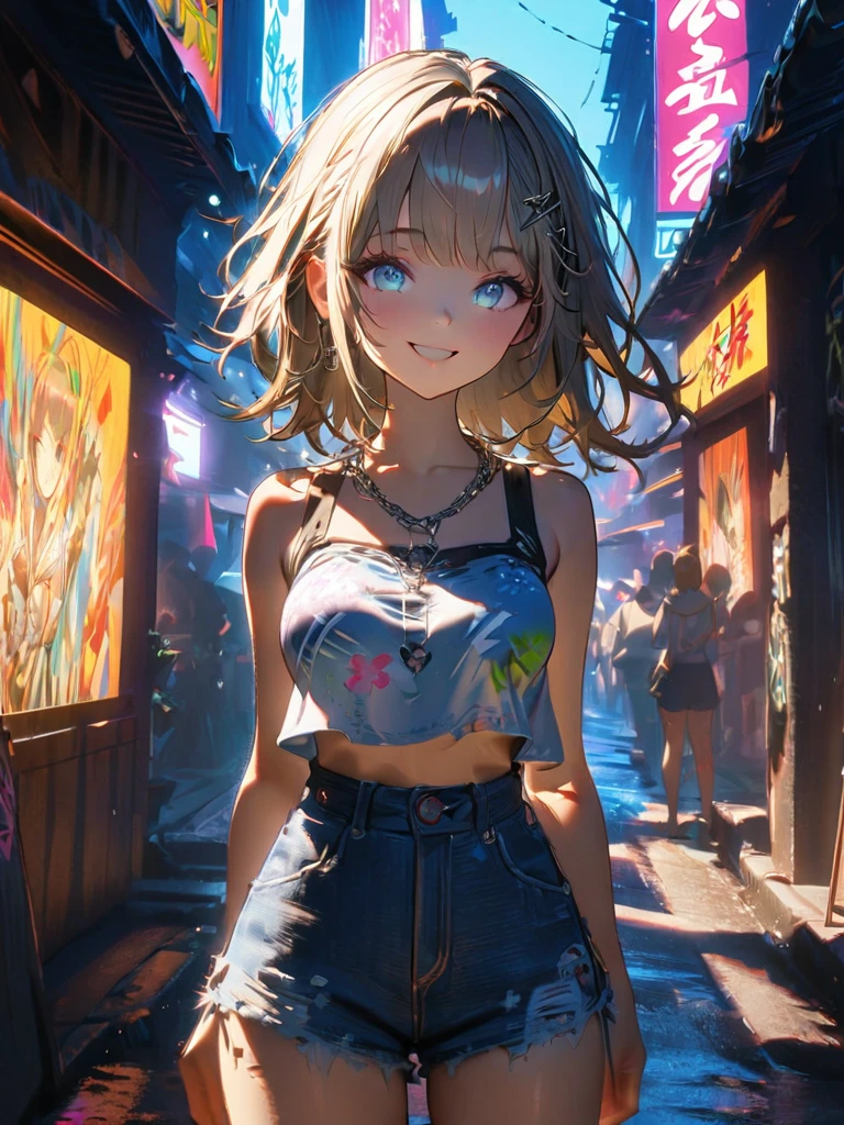 1 person, chromatic aberration, Written boundary depth, Soft Light, masterpiece, Highest quality, complicated, Tone Mapping, A place where fireworks are set off at festivals. Concept Art, Smooth, Clear focus, Dramatic lighting, Very cinematic, super practical painting, アートステーション's trending, 8k, Incredible Shadows, practical, whole body, View, Viewers, Portrait of a Girl 1, standing on street corner, Heavy rain and lightning、Dark Sky, neon and cyber punk background, she is dressed in punk clothing with silver chains and silver spikes, Her hair was dyed light brown.......................Ominous aura of light, smile, punk, ciber punk, Backlight.Fashionable clothes、Friendly dress code: she、She's wearing a cute blue denim sleeveless top with an open back and denim shorts.。...My breasts are a little big.