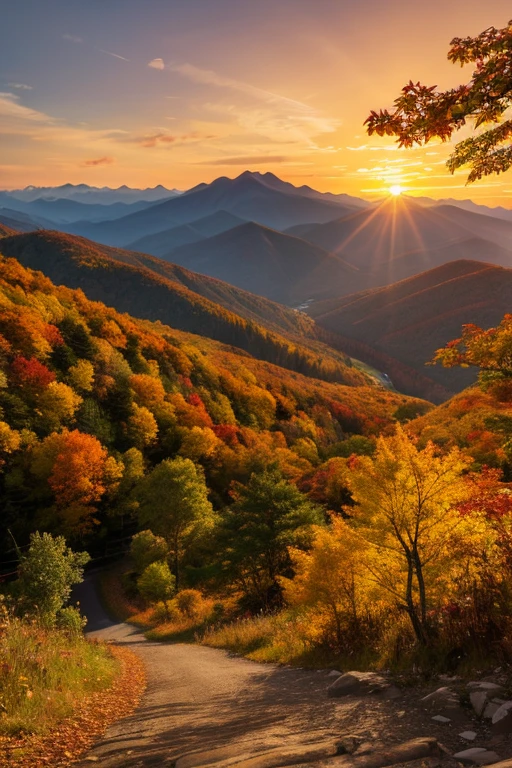 Mountain、autumn leaves、sunset